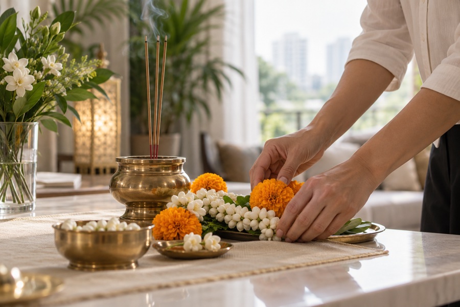 Hands arranging marigolds and jasmine for a Hindu funeral