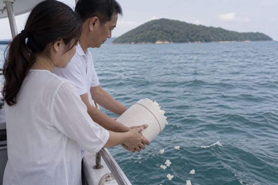 Family holding a biodegradable urn on a small boat near a green island