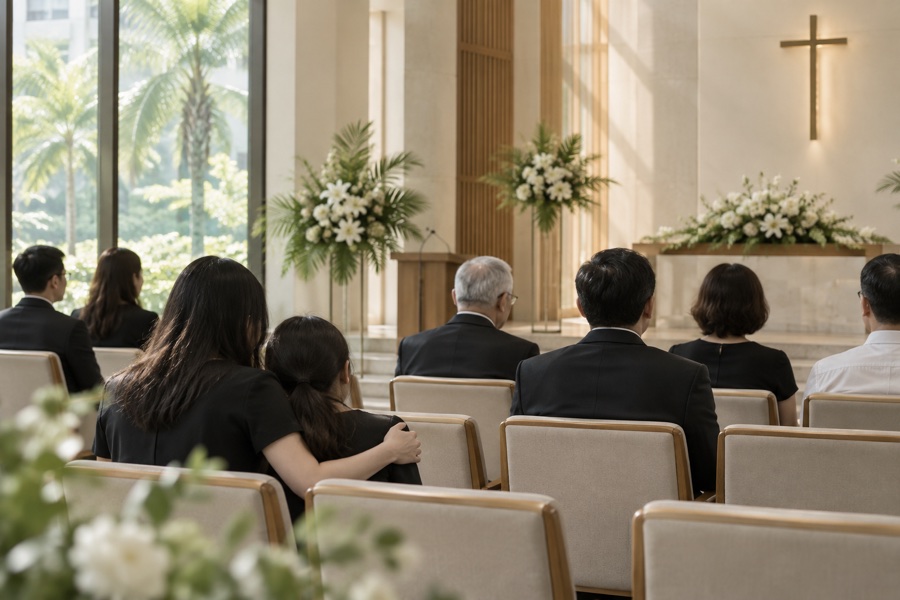 Family seated in a simple Singapore church memorial venue