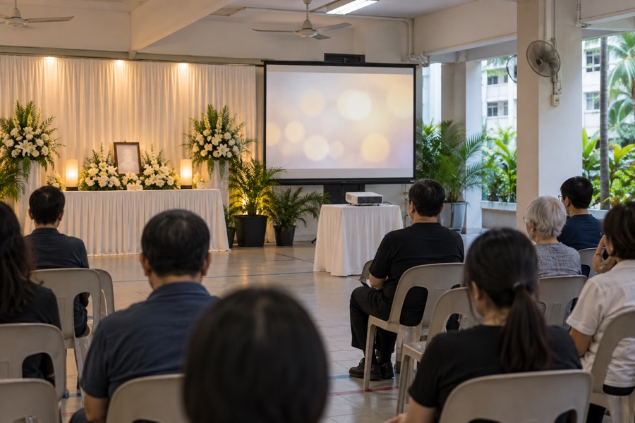 Memorial service with a simple screen and chairs in a void deck hall