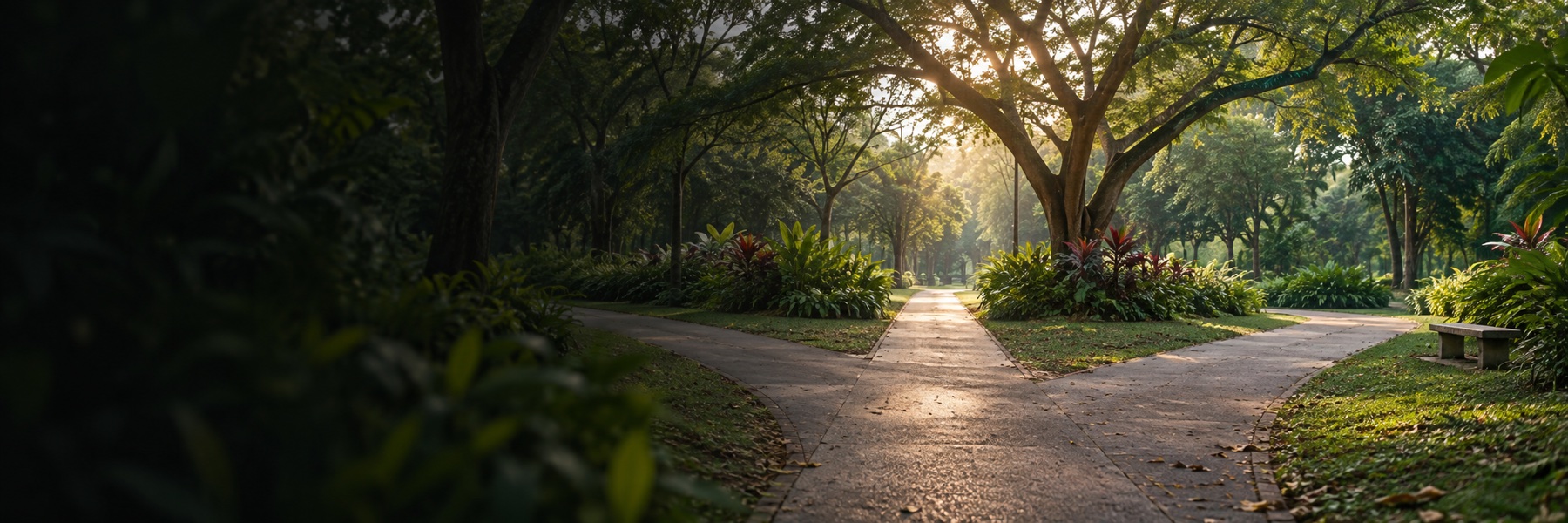 Three paths beneath mature tropical trees representing memorial choices