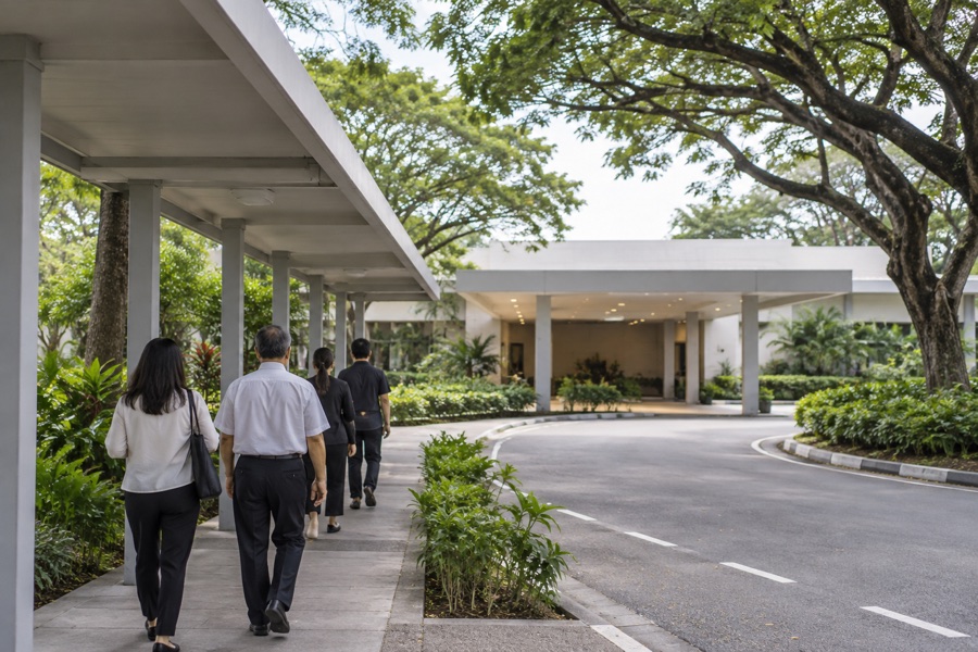 Family walking along a sheltered crematorium walkway under rain trees