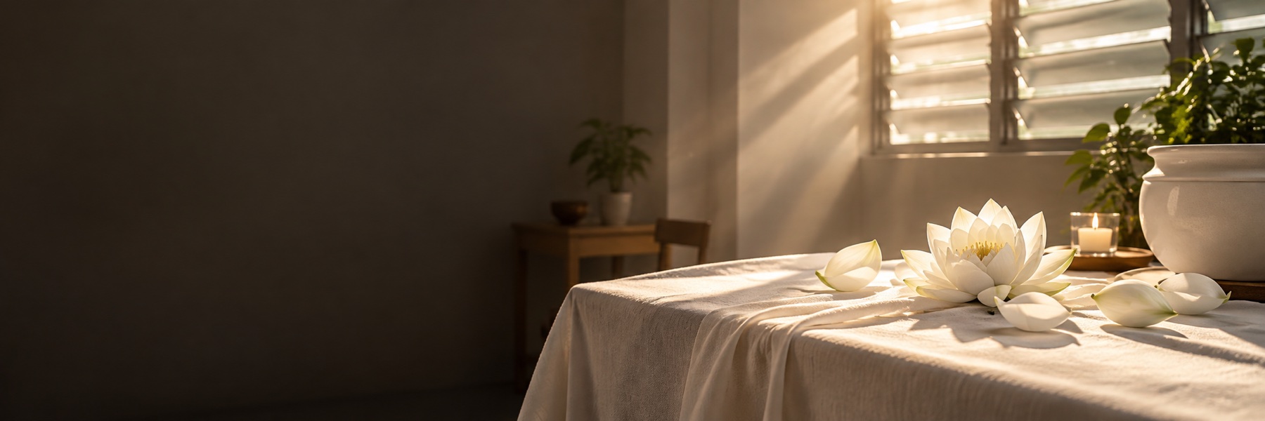 White lotus flowers in a quiet modest room