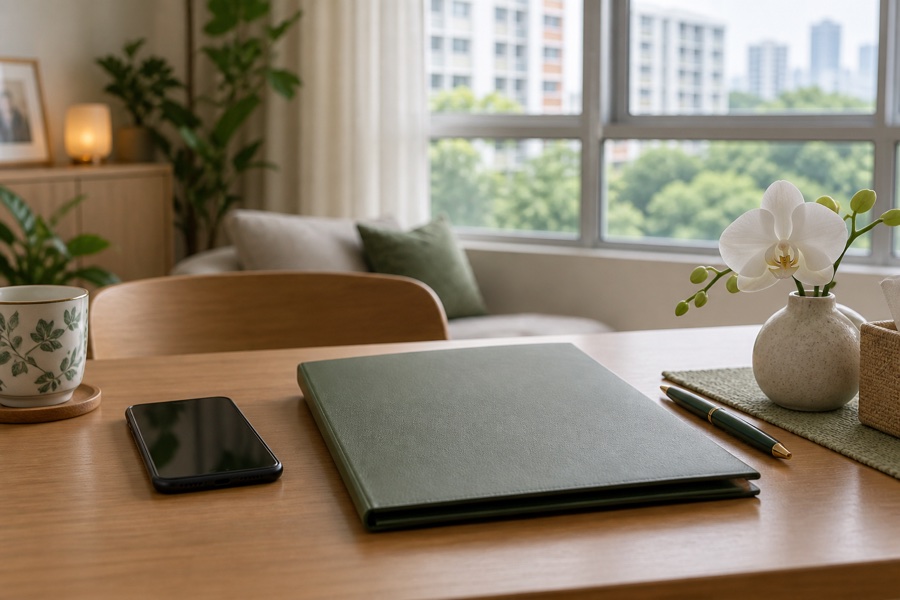 Phone and blank document folder on a table in a Singapore HDB home