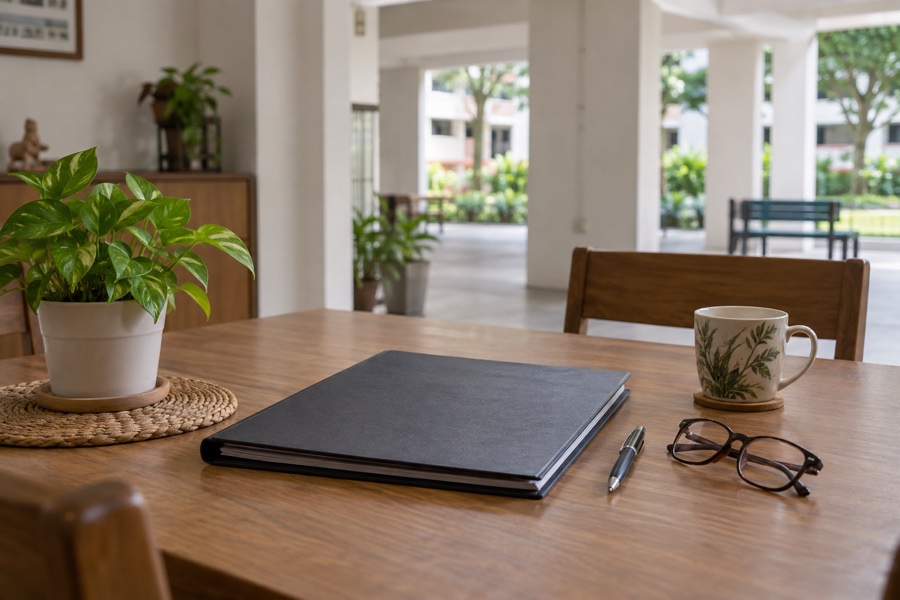 Blank records folder and reading glasses on an HDB dining table
