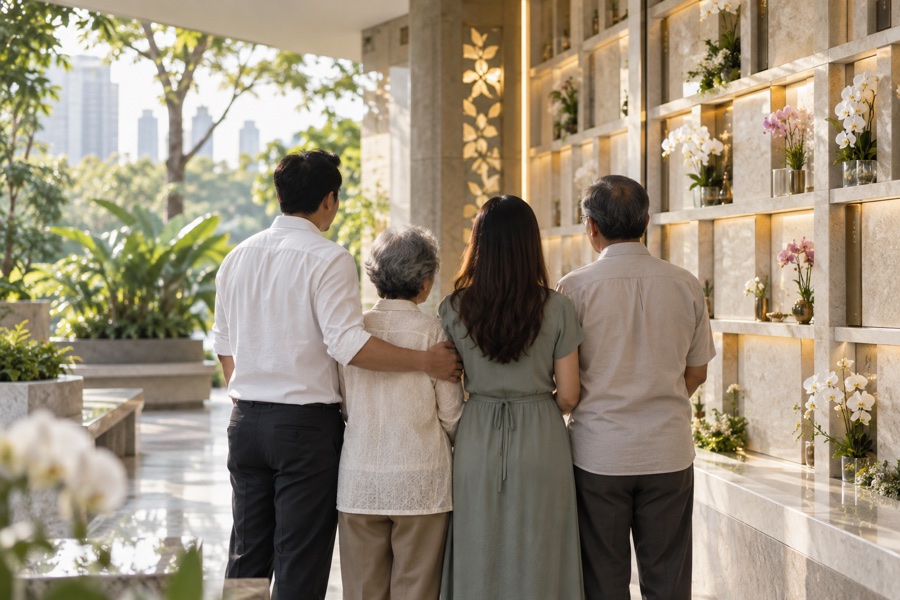 Family visiting a columbarium together in Singapore