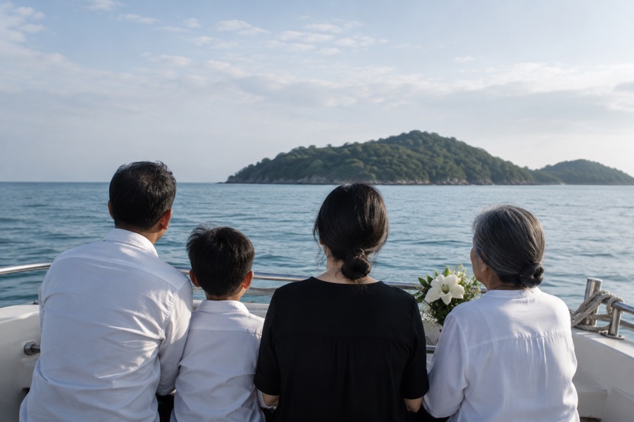 Multigenerational family looking toward a green island from a small boat