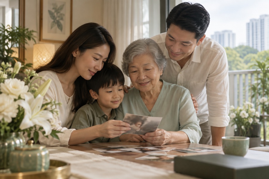 Three generations sharing printed photographs at an HDB dining table