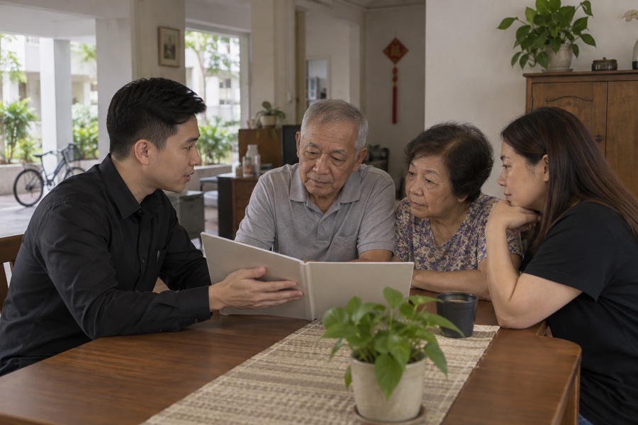 Funeral adviser discussing arrangements with a family at an HDB dining table