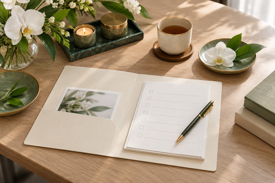 Blank funeral planning checklist with an orchid and a cup of tea