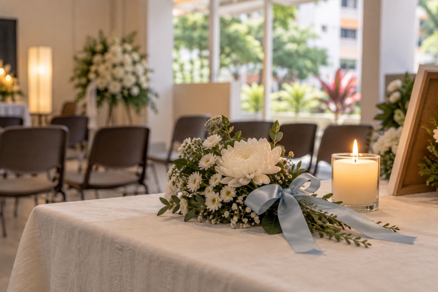 Small white floral tribute with pale blue ribbon and a candle