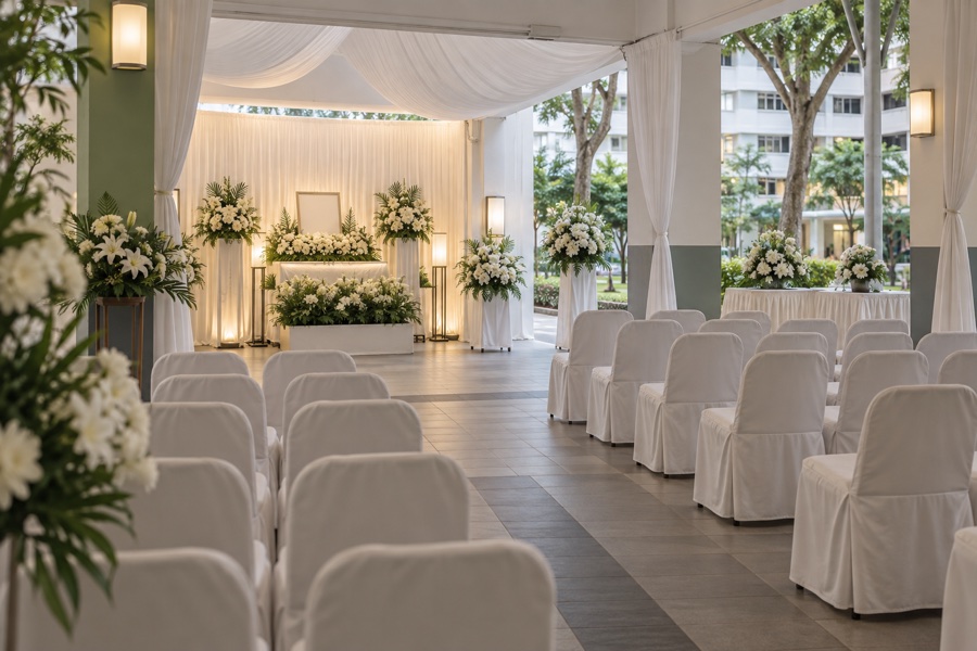 Simple funeral wake arrangement at a Singapore HDB void deck