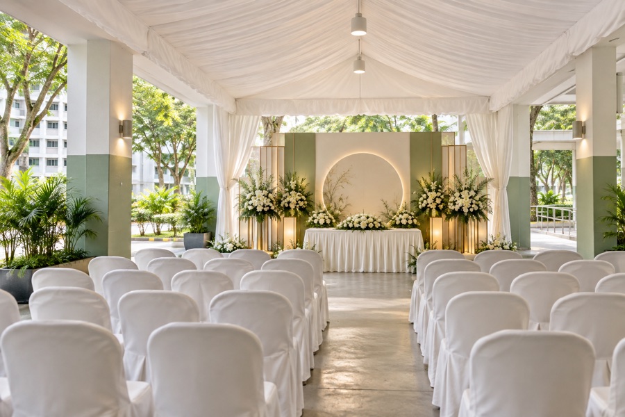 Rows of chairs and a floral backdrop at an HDB void deck wake