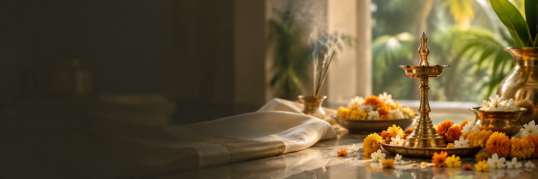 Brass lamp with marigolds and jasmine in soft tropical light