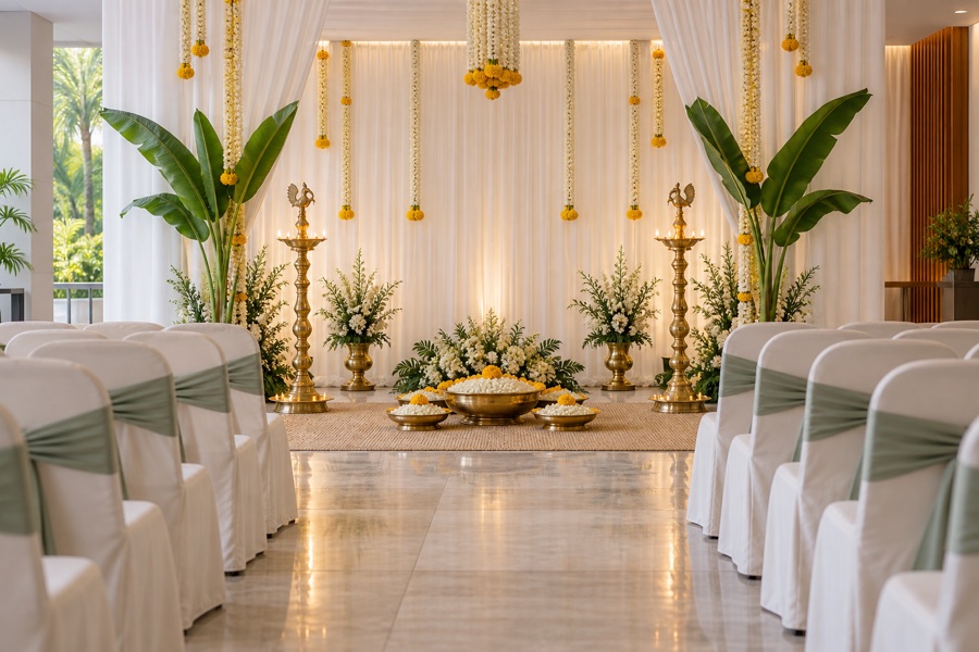 Simple Hindu funeral wake setting with garlands and brass lamps