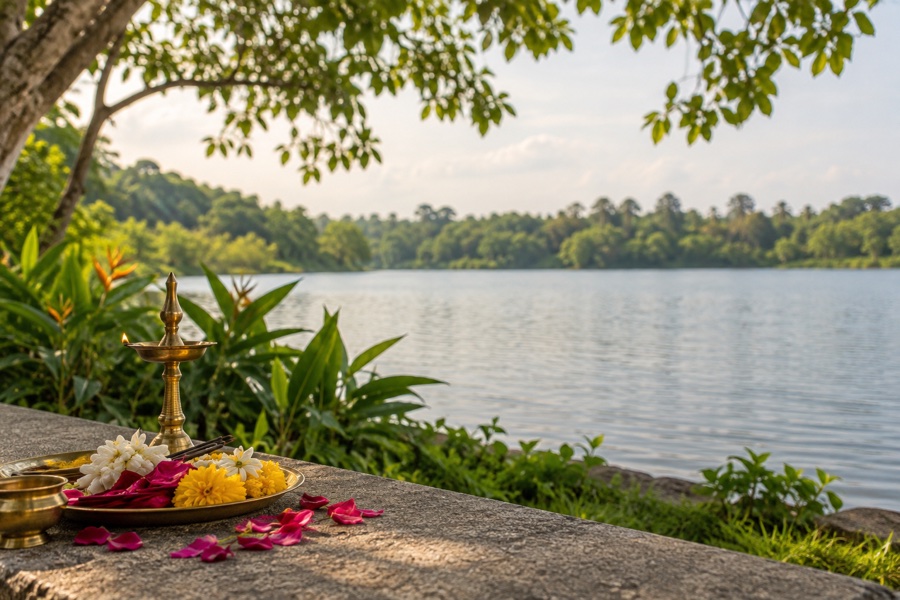 Flower petals and a brass lamp beside a tropical reservoir