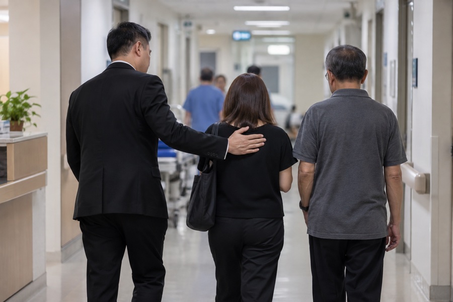 Funeral professional guiding relatives along a Singapore hospital corridor