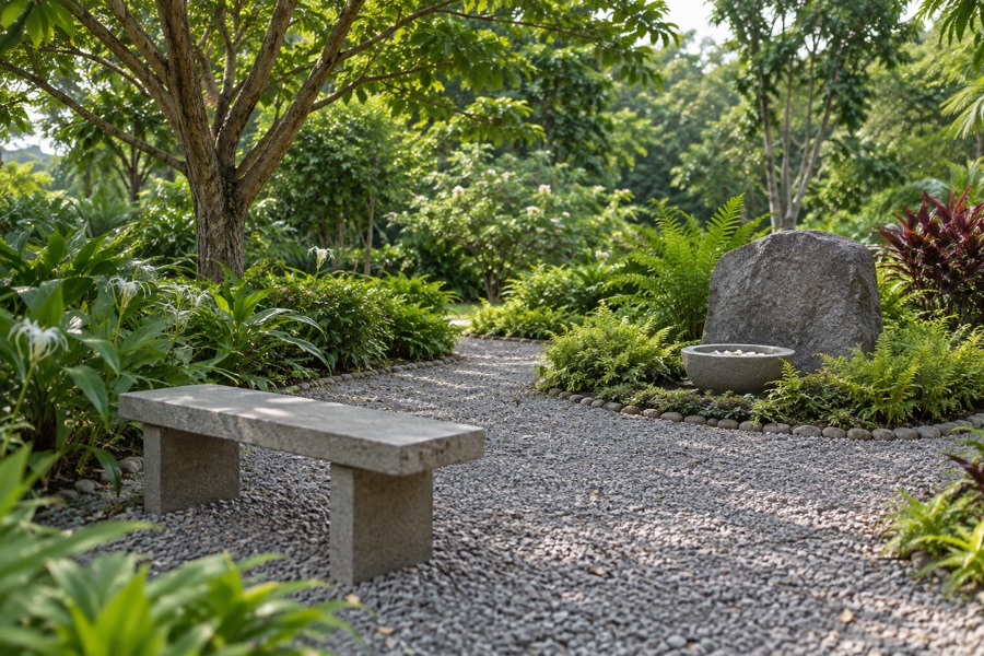 Simple tropical memorial garden with a gravel path and stone bench