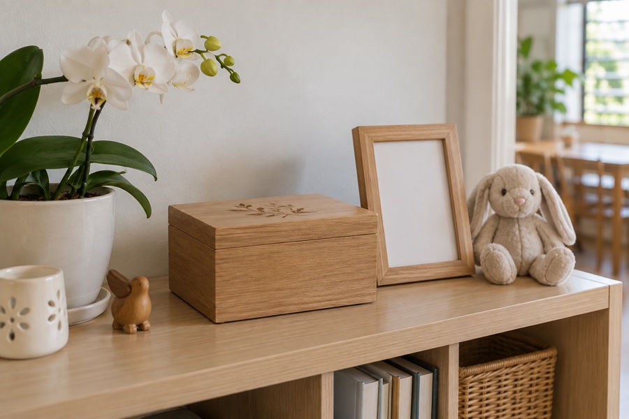 Keepsake box with a blank frame and small rabbit toy in an HDB home