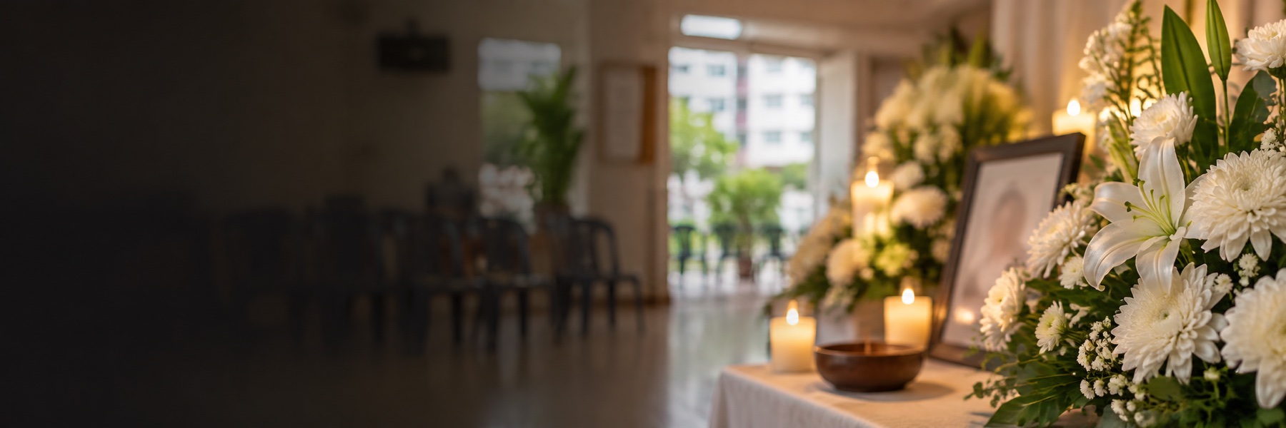 White flowers and a framed photograph in a modest community room
