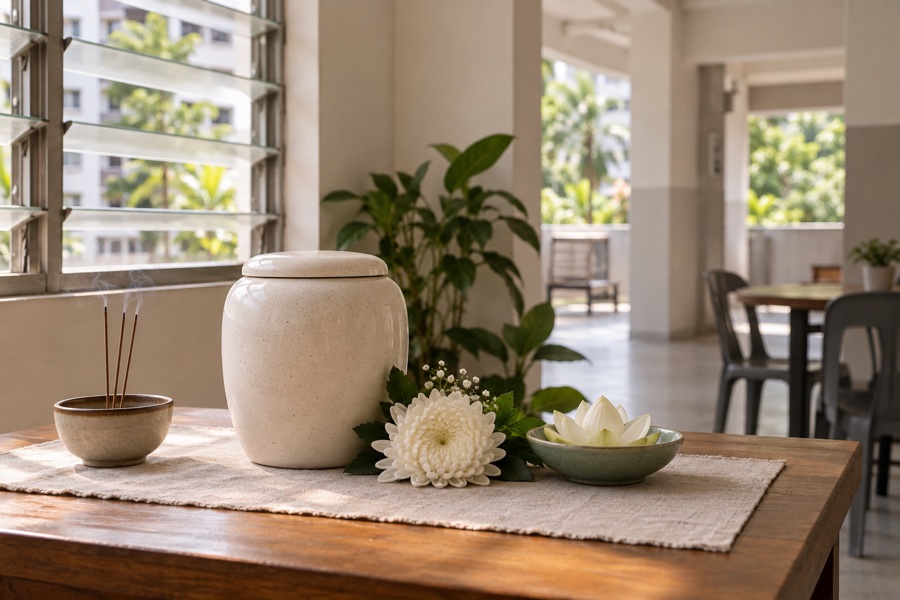 Simple memorial urn with lotus and chrysanthemum on a wooden table