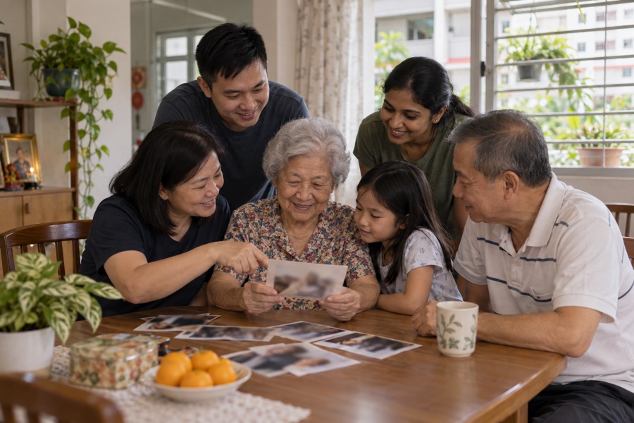 Multicultural family sharing memories at an HDB dining table