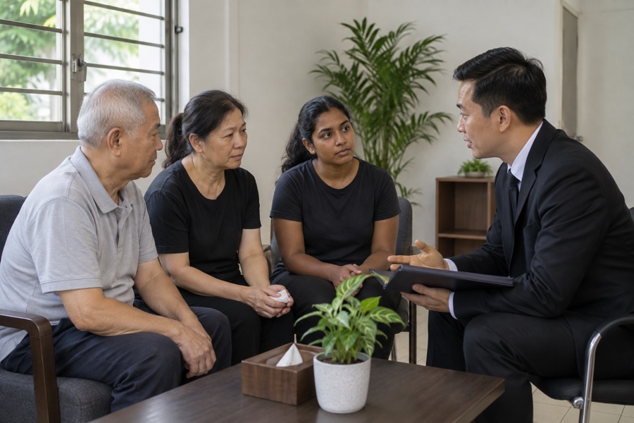 Funeral adviser speaking with a multicultural family in a simple office