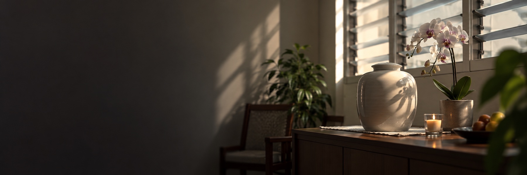 Memorial urn and orchid in a modest Singapore HDB home