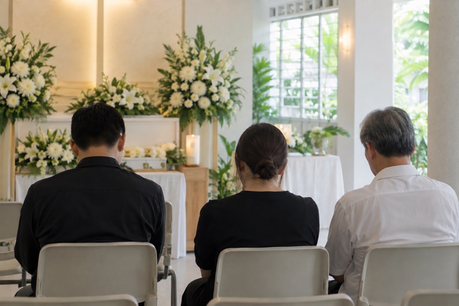 Family seated for a quiet farewell in a simple Singapore chapel
