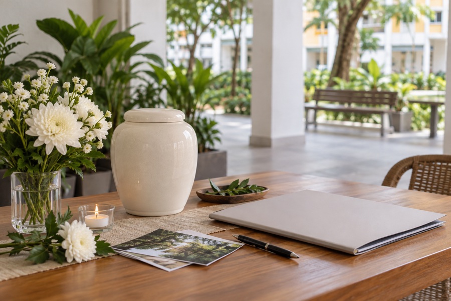 Simple memorial urn and blank folder on a void deck table