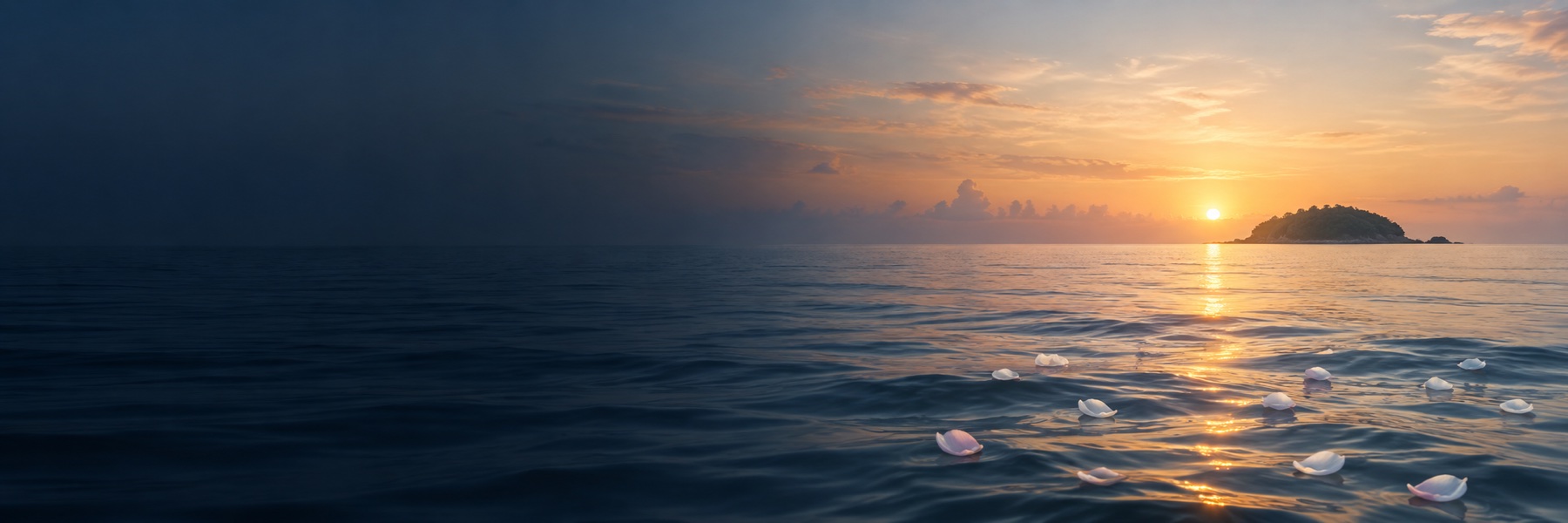 Calm open sea at sunrise with pale flower petals and a green island