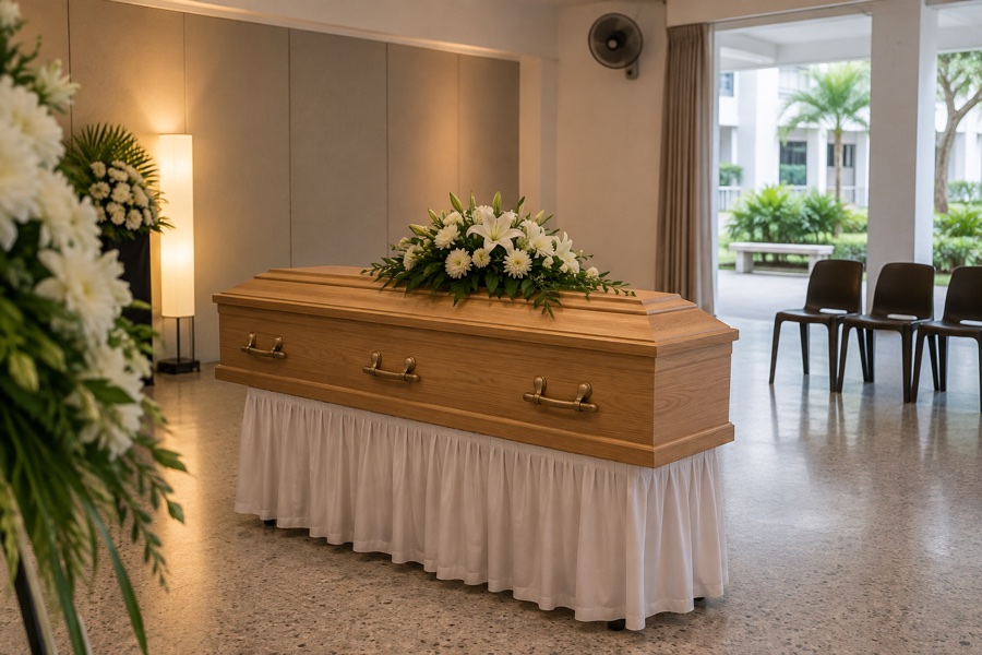 Simple closed wooden casket with white flowers in a community farewell room