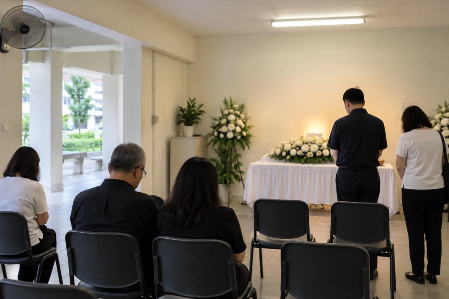 Modest funeral parlour room with practical chairs and white flowers