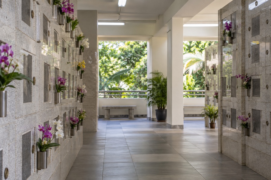 Simple columbarium corridor with orchids and tropical greenery