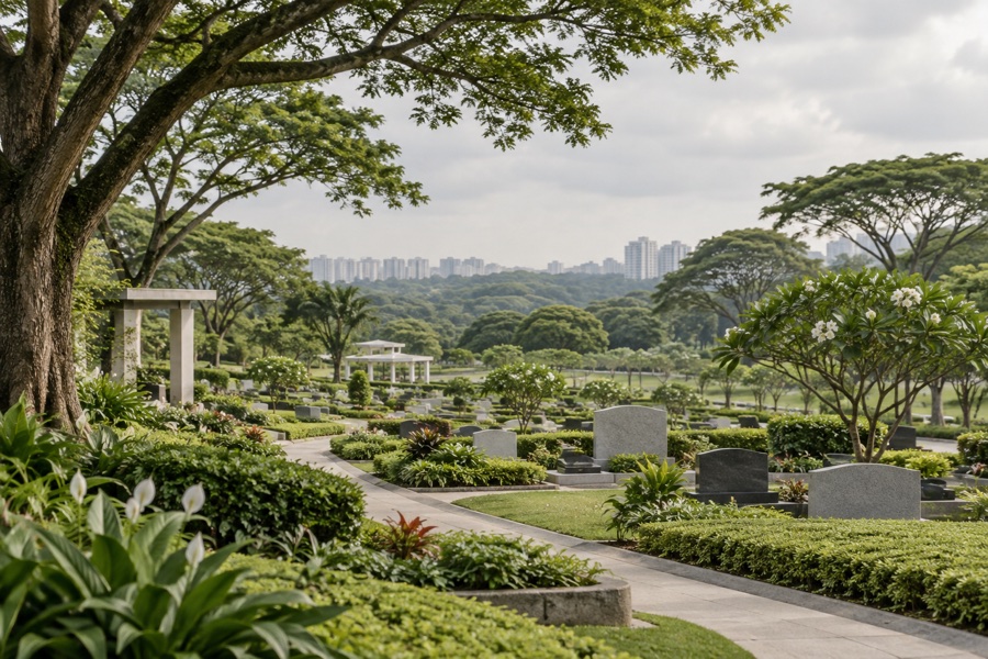 Peaceful cemetery with rain trees and HDB blocks in the distance
