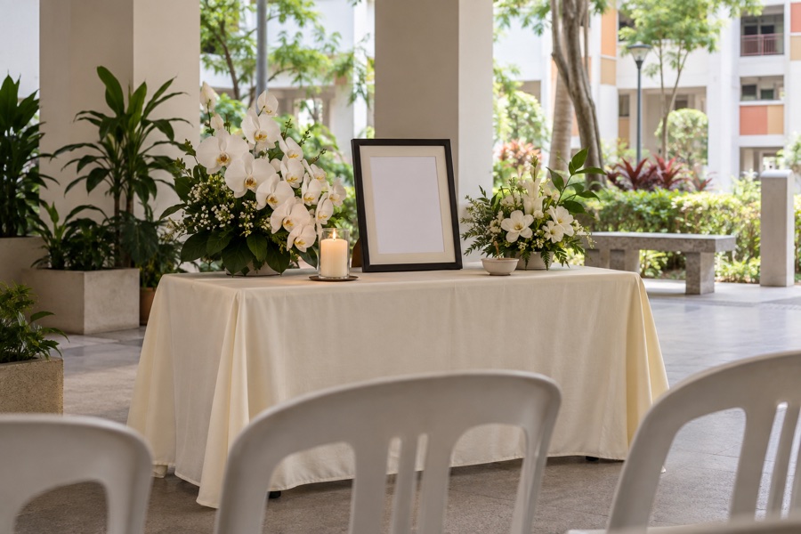 Simple memorial table with orchids at a Singapore HDB void deck